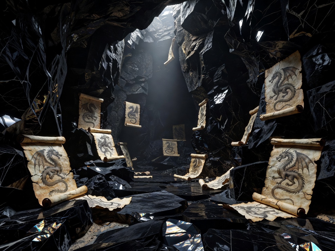Dark geometric obsidian rock formations layered with fine neon sky blue accent stripes