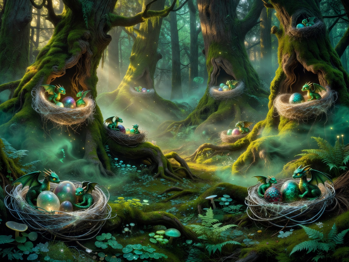 Emerald nursery nesting grounds within a safe and serene cybernetic forest