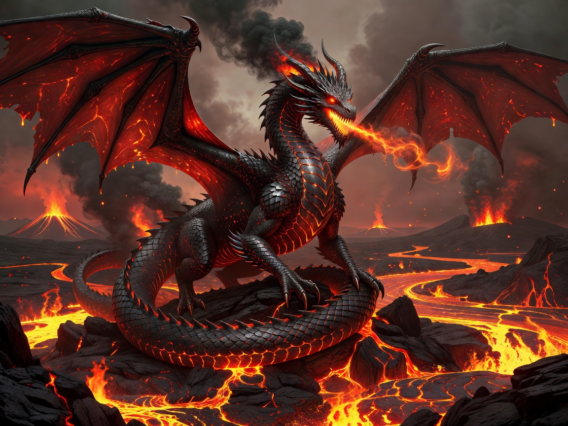 A high-tech digital retro design depicting hot glowing magma and lava fields within the dragon scrolls collection