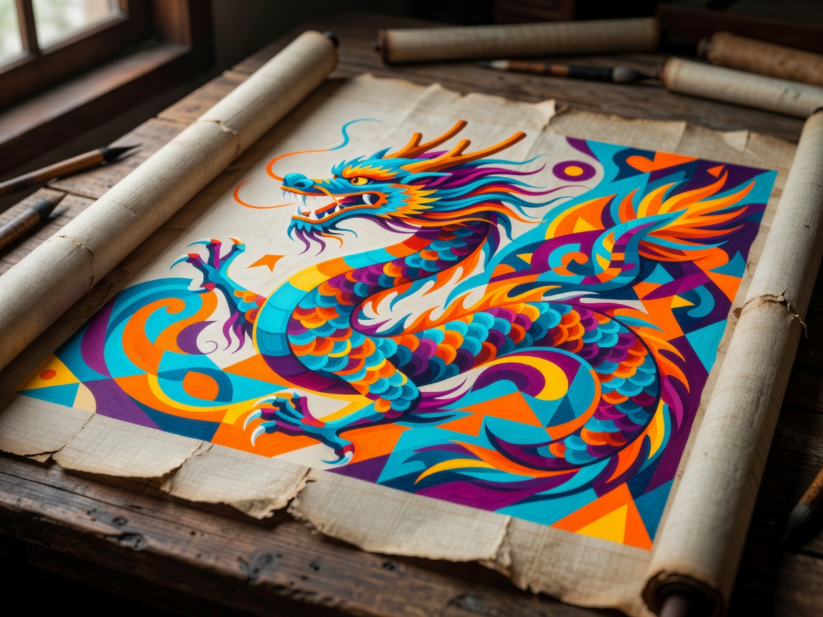 Vibrant colored abstract shapes representing glowing gold scales and sky blue nodes