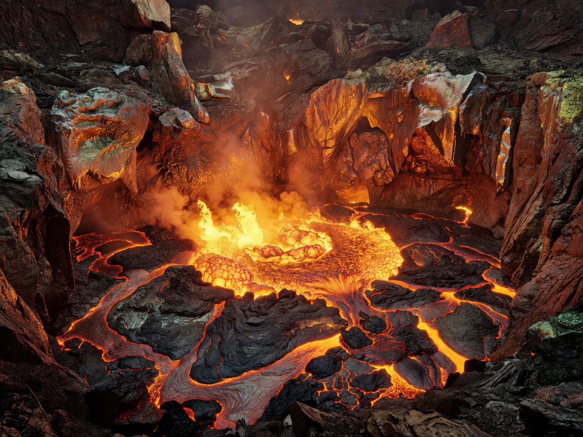 High contrast view of volcanic magma chamber reels located inside an ambient cave structure