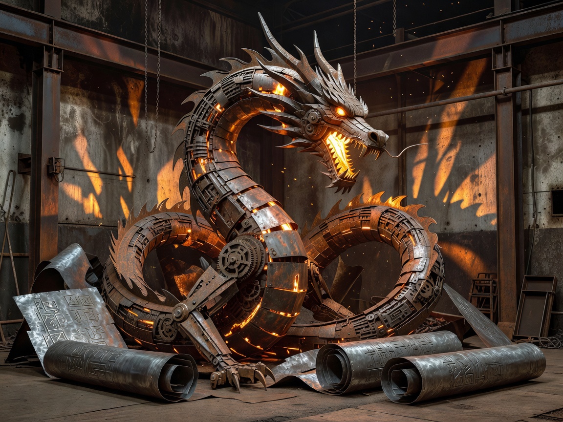 Warm glowing industrial metal framework with golden sparks from volcanic vents